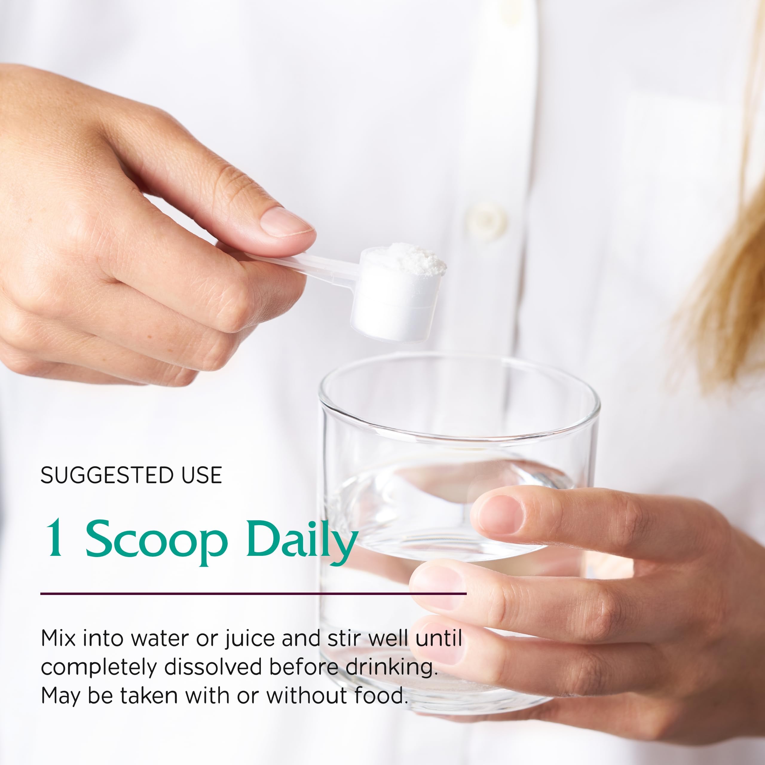 Vitanica Optinositol bottle pour demonstrates easy dosing into beverages.