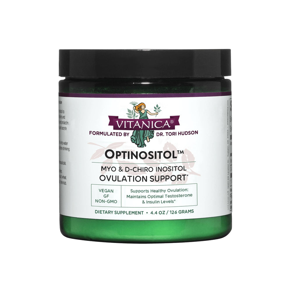 Vitanica Optinositol bottle shown for daily ovulation support and routine use.
