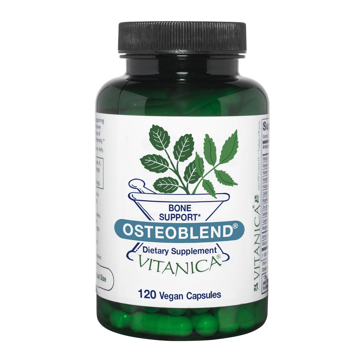 Vitanica OsteoBlend bottle on kitchen counter supports vegan bone health