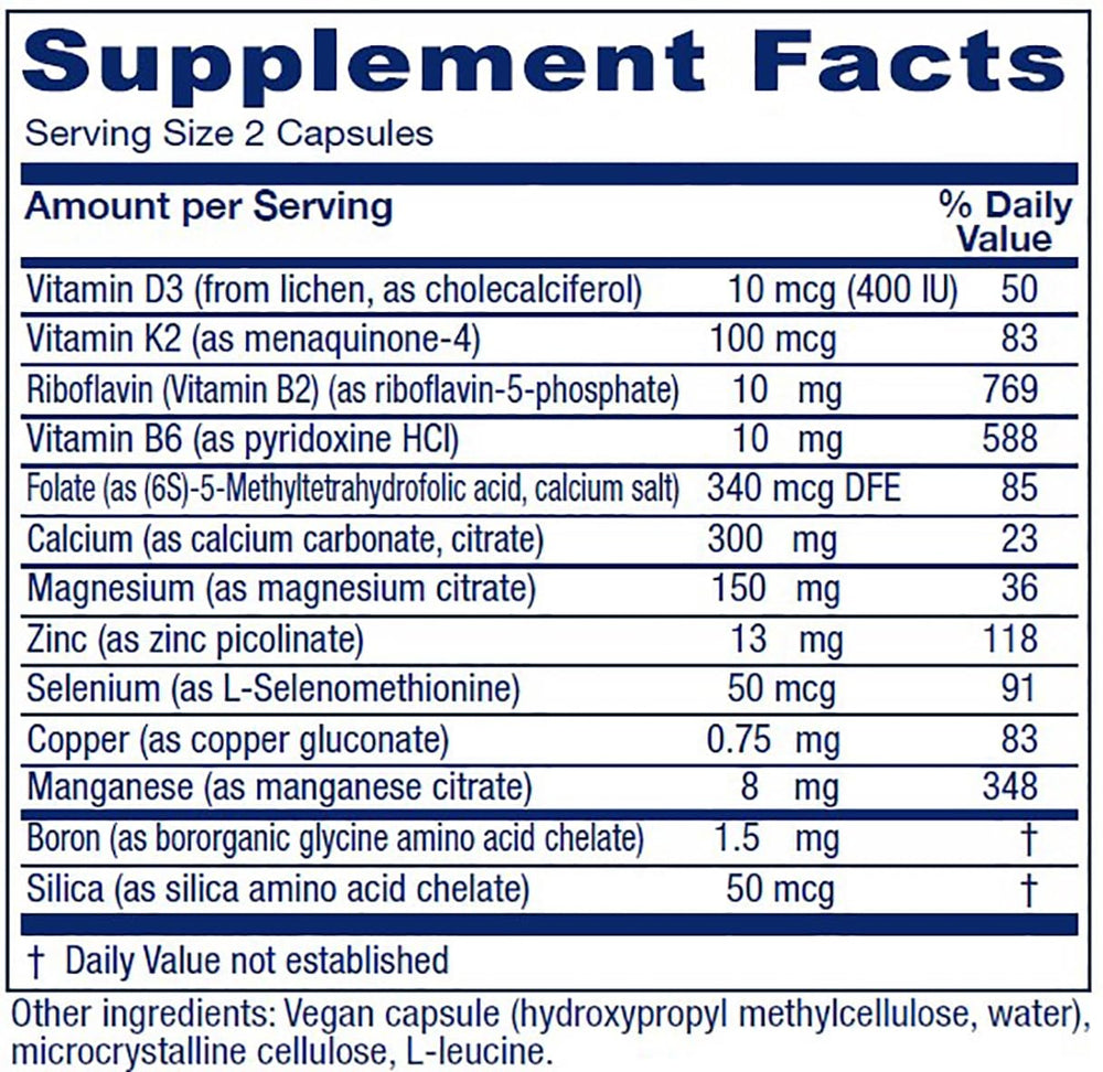 Close-up of OsteoBlend bottle showing capsules for daily vegan supplementation.