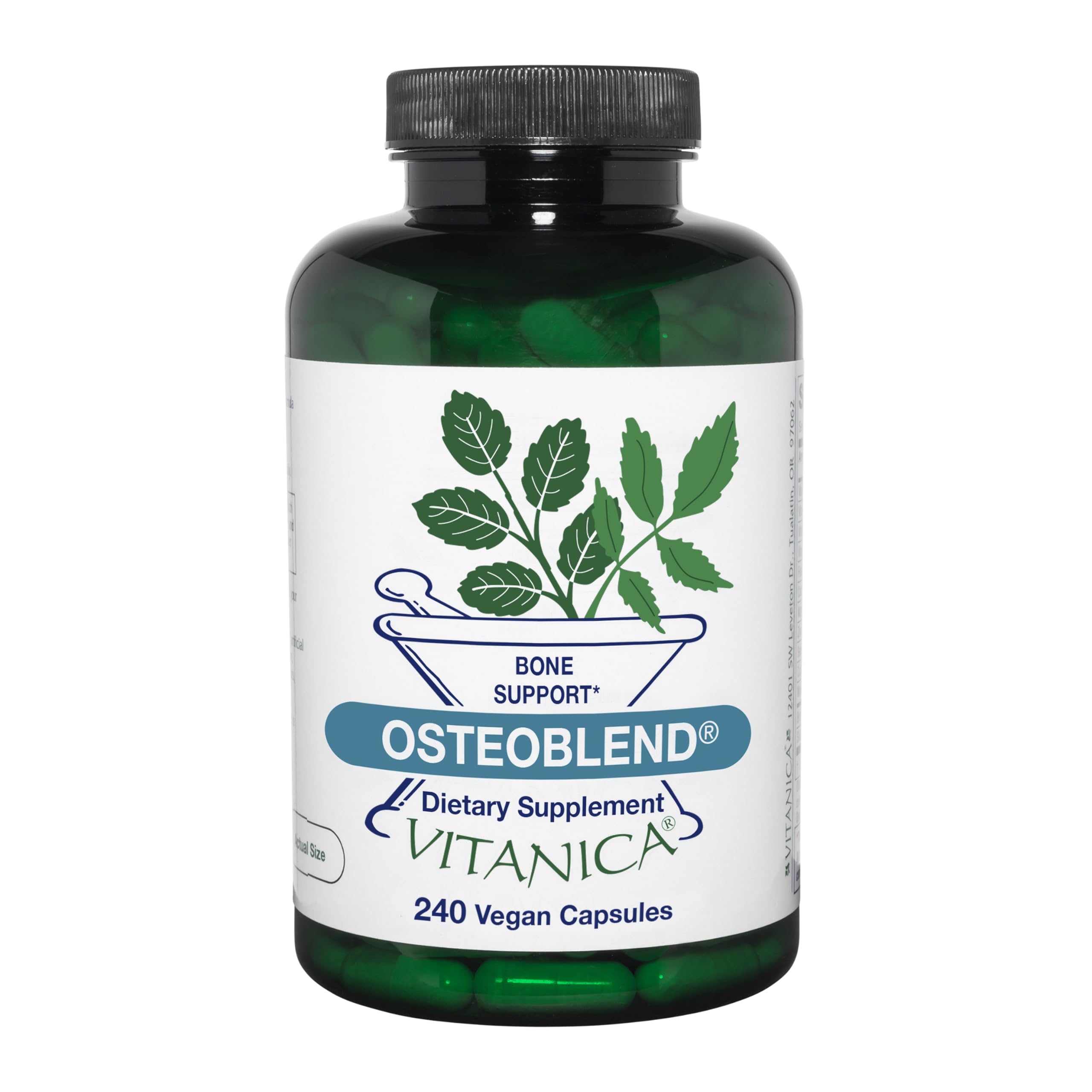 Vitanica OsteoBlend bottle label highlights vegan bone support formulation.