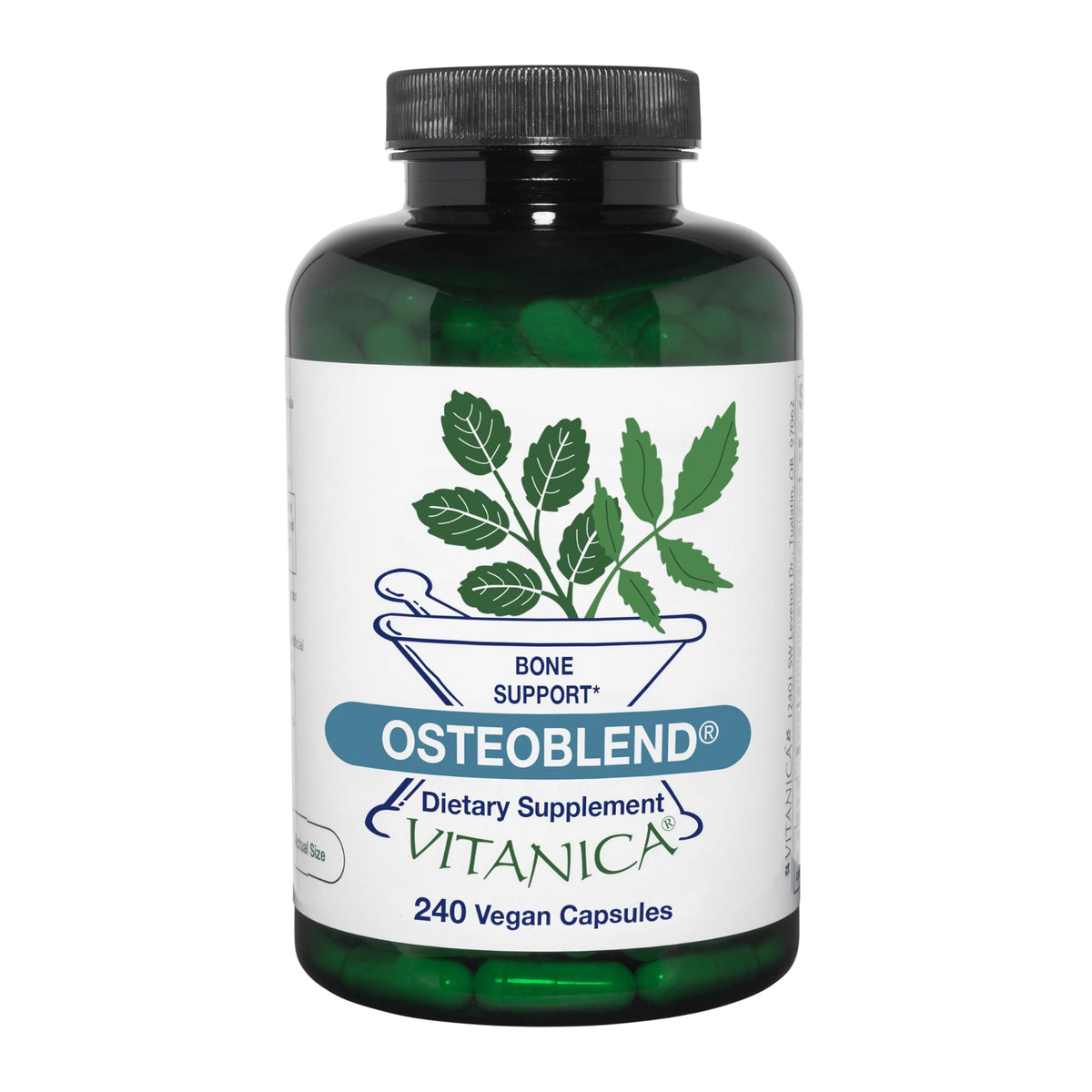 Vitanica OsteoBlend bottle label highlights vegan bone support formulation.