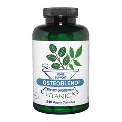 Vitanica OsteoBlend bottle label highlights vegan bone support formulation.
