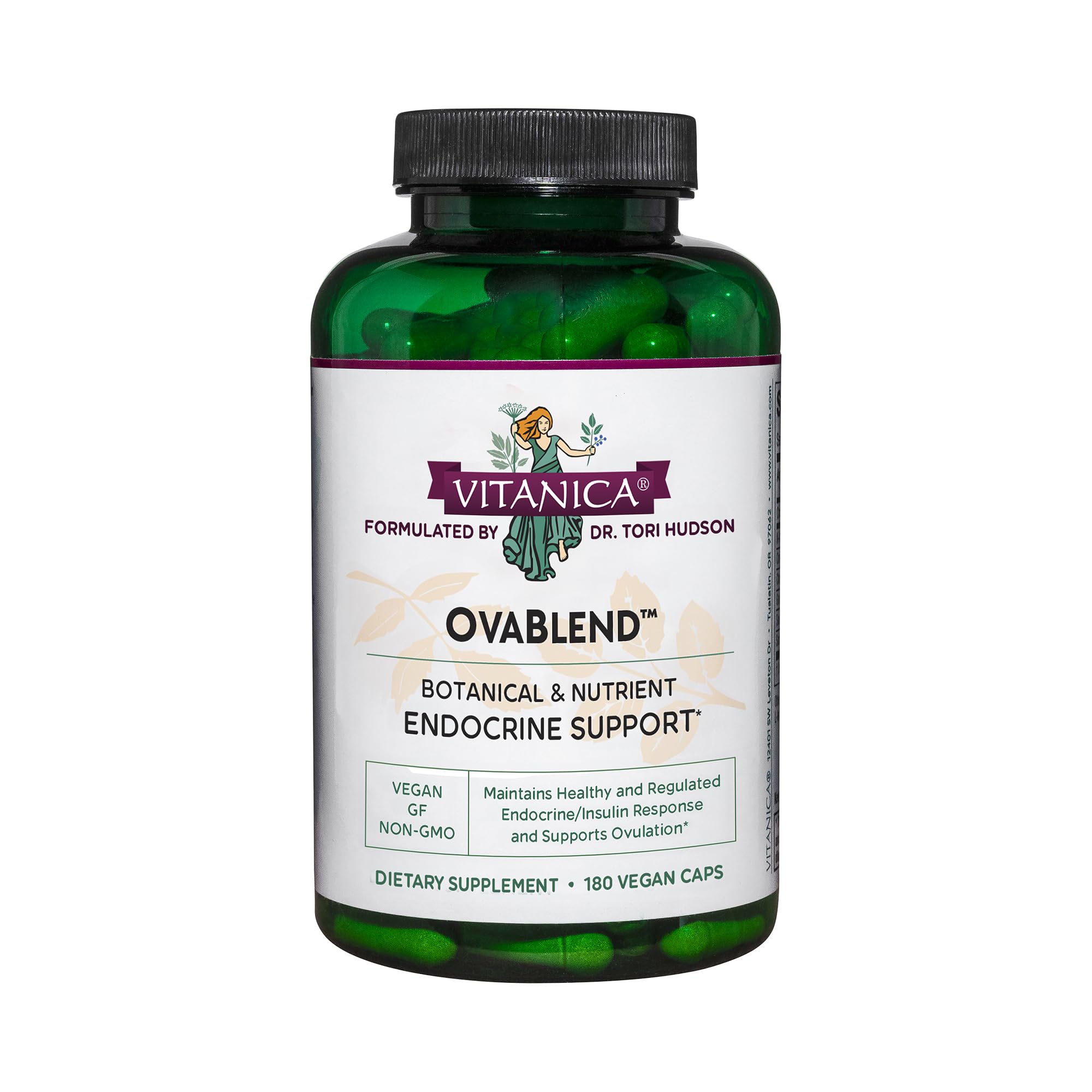 Vitanica OvaBlend: botella de cápsulas para apoyo ovárico diario.