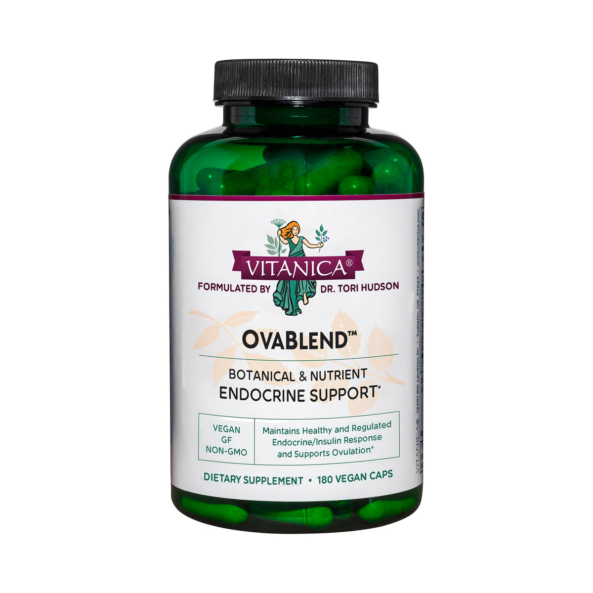 Vitanica OvaBlend: botella de cápsulas para apoyo ovárico diario.