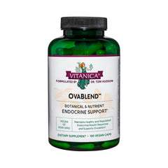 Vitanica OvaBlend: botella de cápsulas para apoyo ovárico diario.