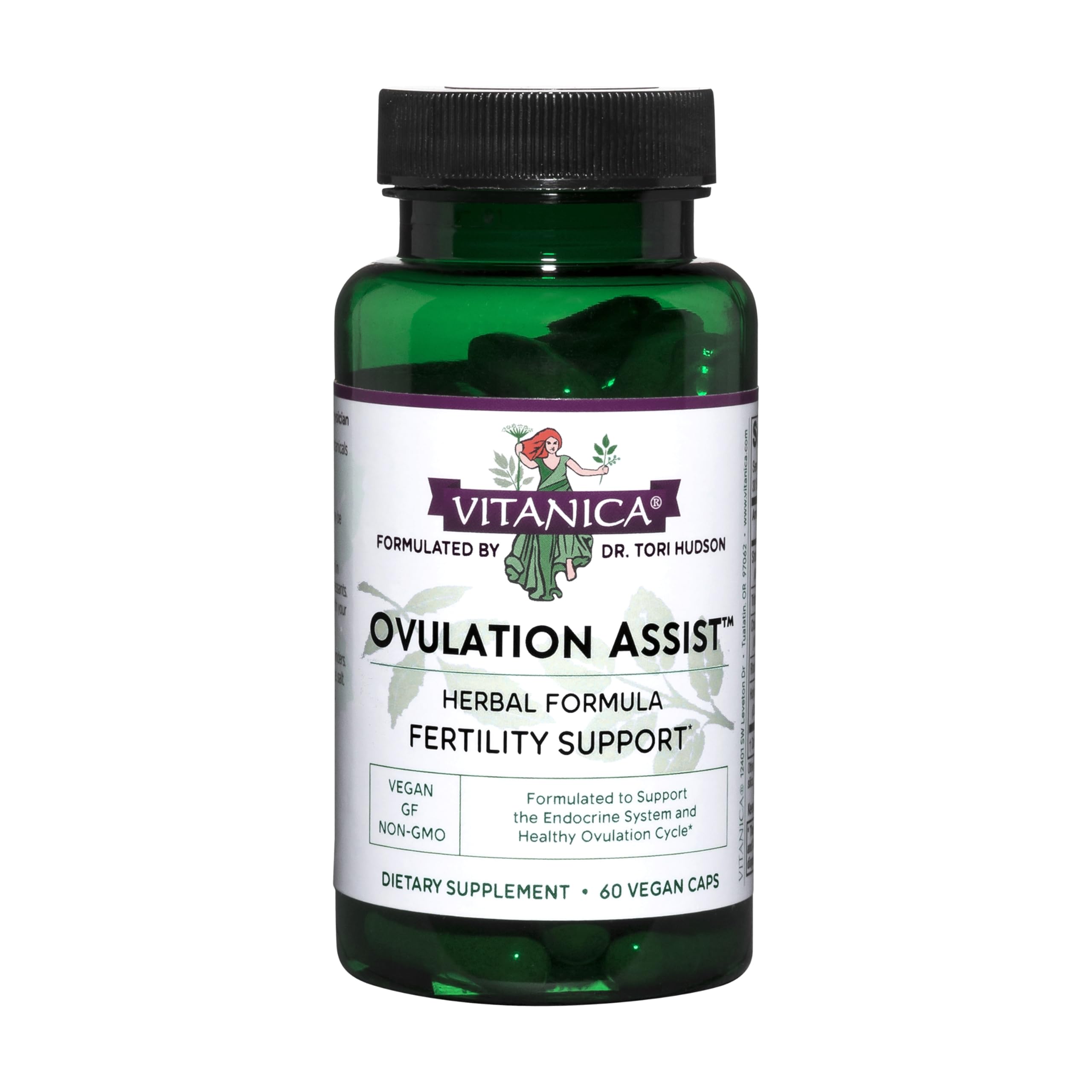 Vitanica Ovulation Assist bottle closeup for natural ovarian support and daily wellness.