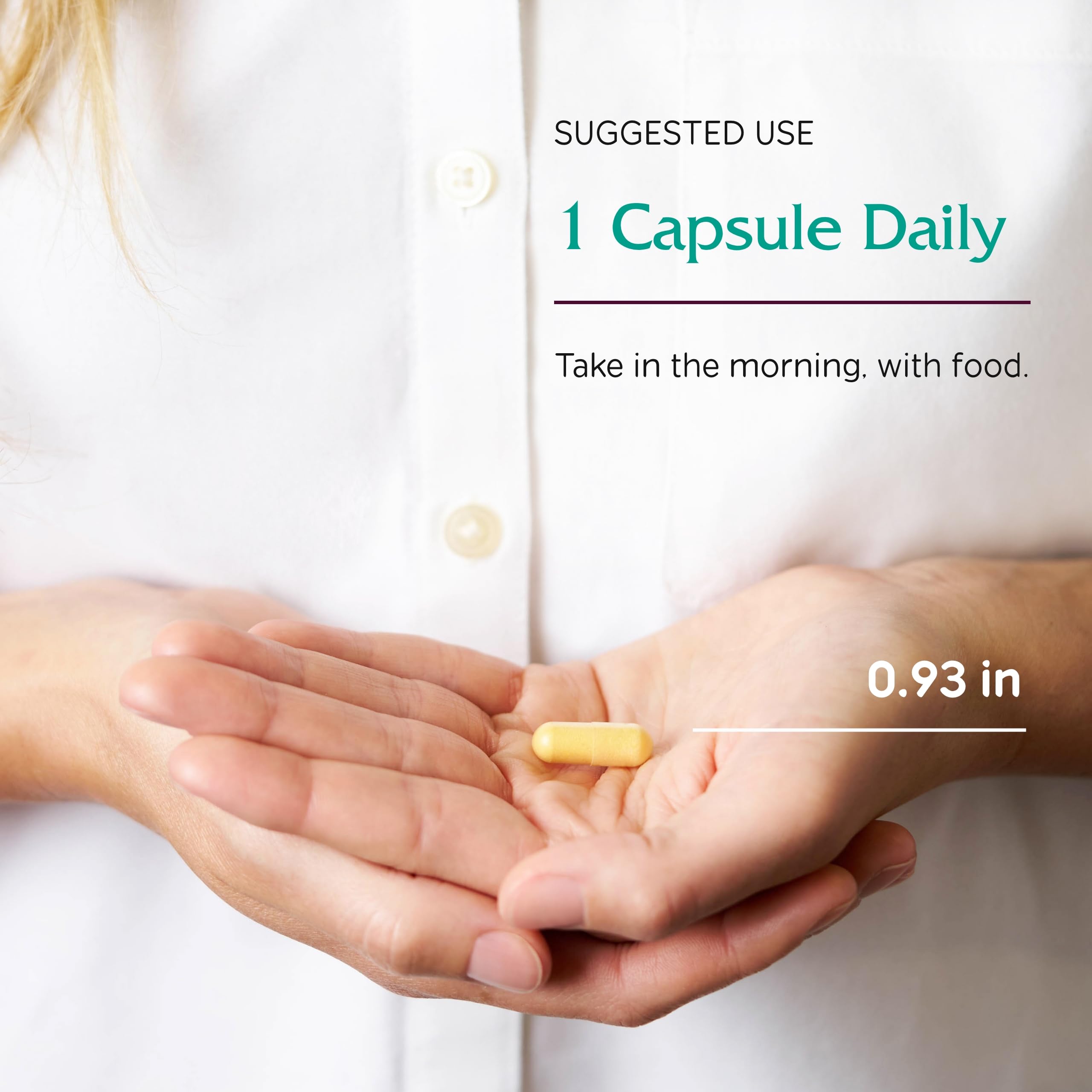 Vitanica Ovum A.M. capsules close-up ready for morning intake with food.