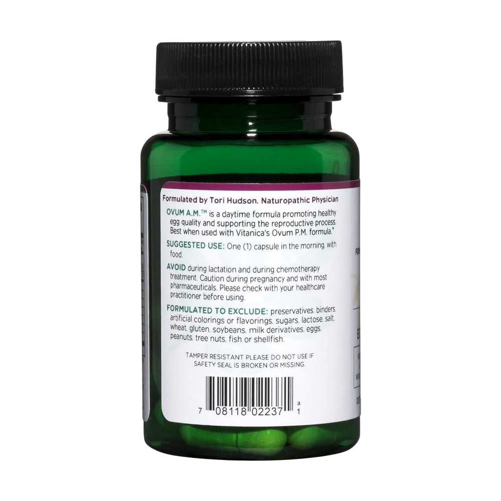 Vitanica Ovum A.M. ingredient panel highlights L-5-MTHF and CoQ10.