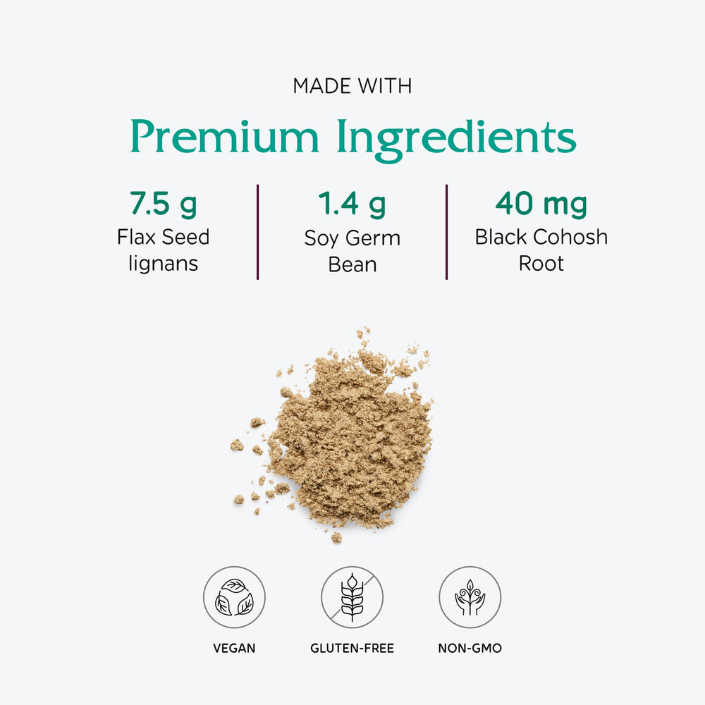 Close-up of phytoestrogen ingredients and flaxseed lignans in formula