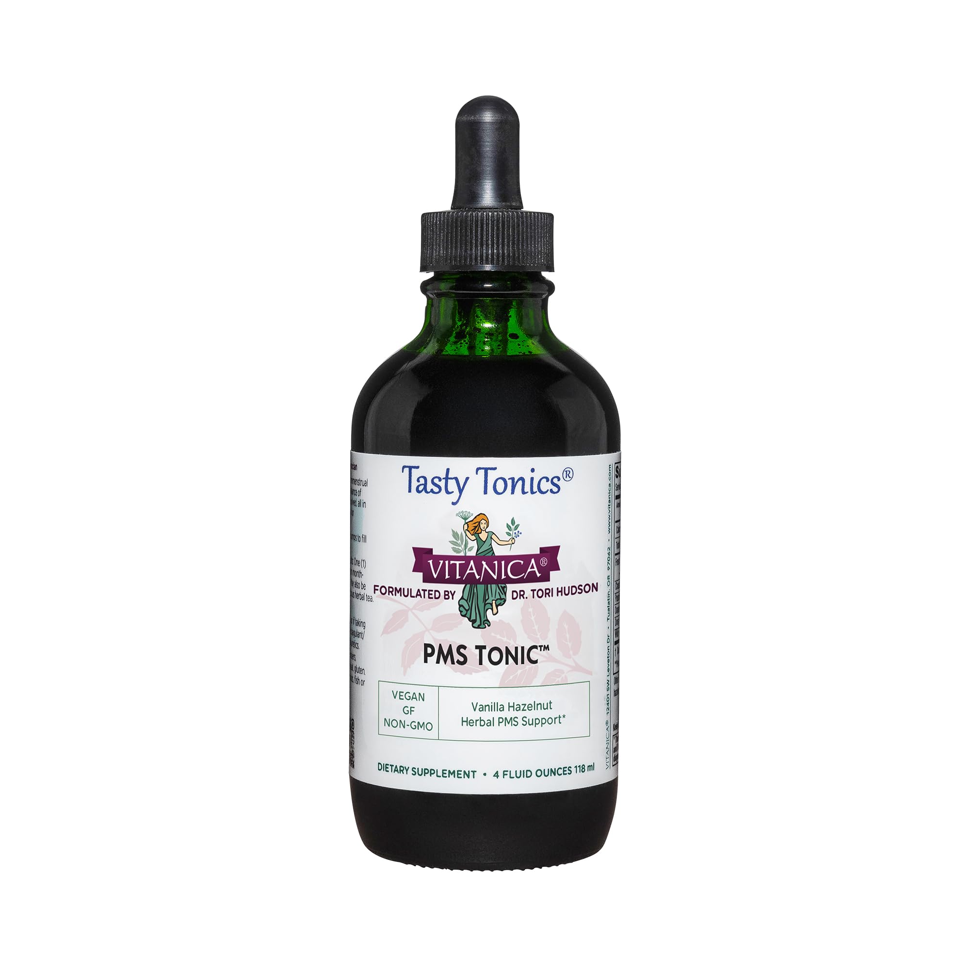 Vitanica PMS Tonic bottle with label suggesting mood balance support from herbal blend.