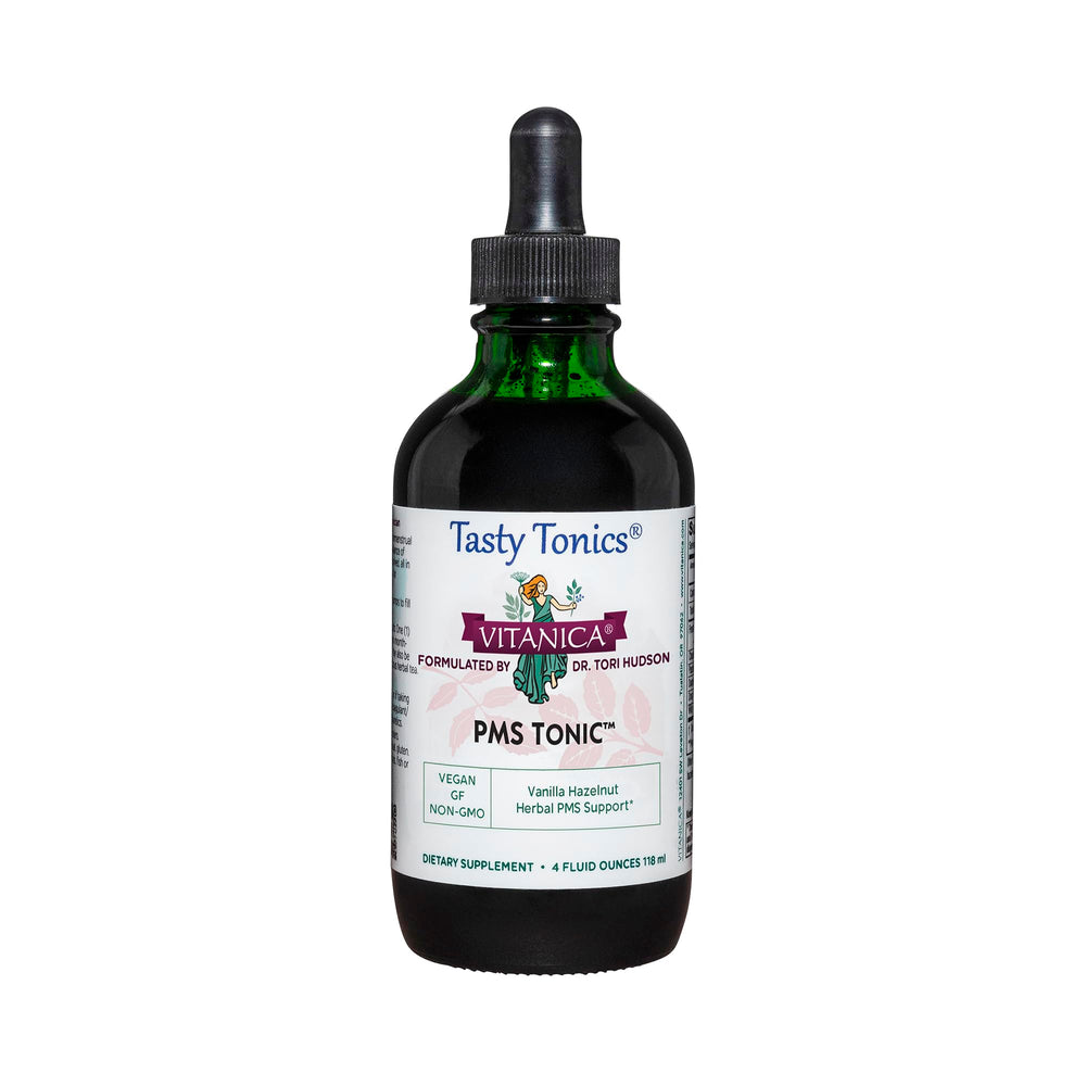 Vitanica PMS Tonic bottle with label suggesting mood balance support from herbal blend.