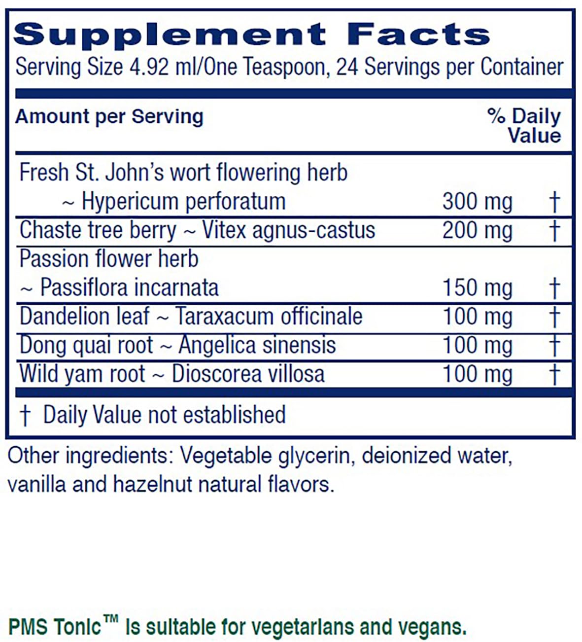 Vitanica PMS Tonic ingredients diagram highlights St. Johns Wort, dong quai, and chaste tree berry