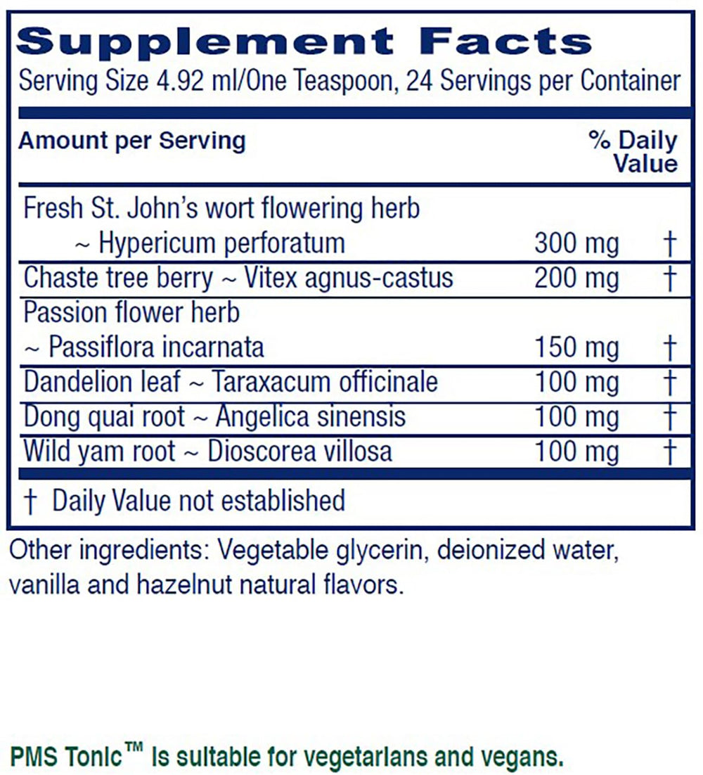 Vitanica PMS Tonic ingredients diagram highlights St. Johns Wort, dong quai, and chaste tree berry