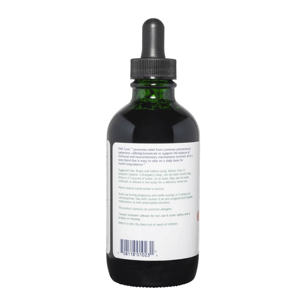 Vitanica PMS Tonic 4 oz bottle emphasizes vegan, allergen-free formulation for daily support