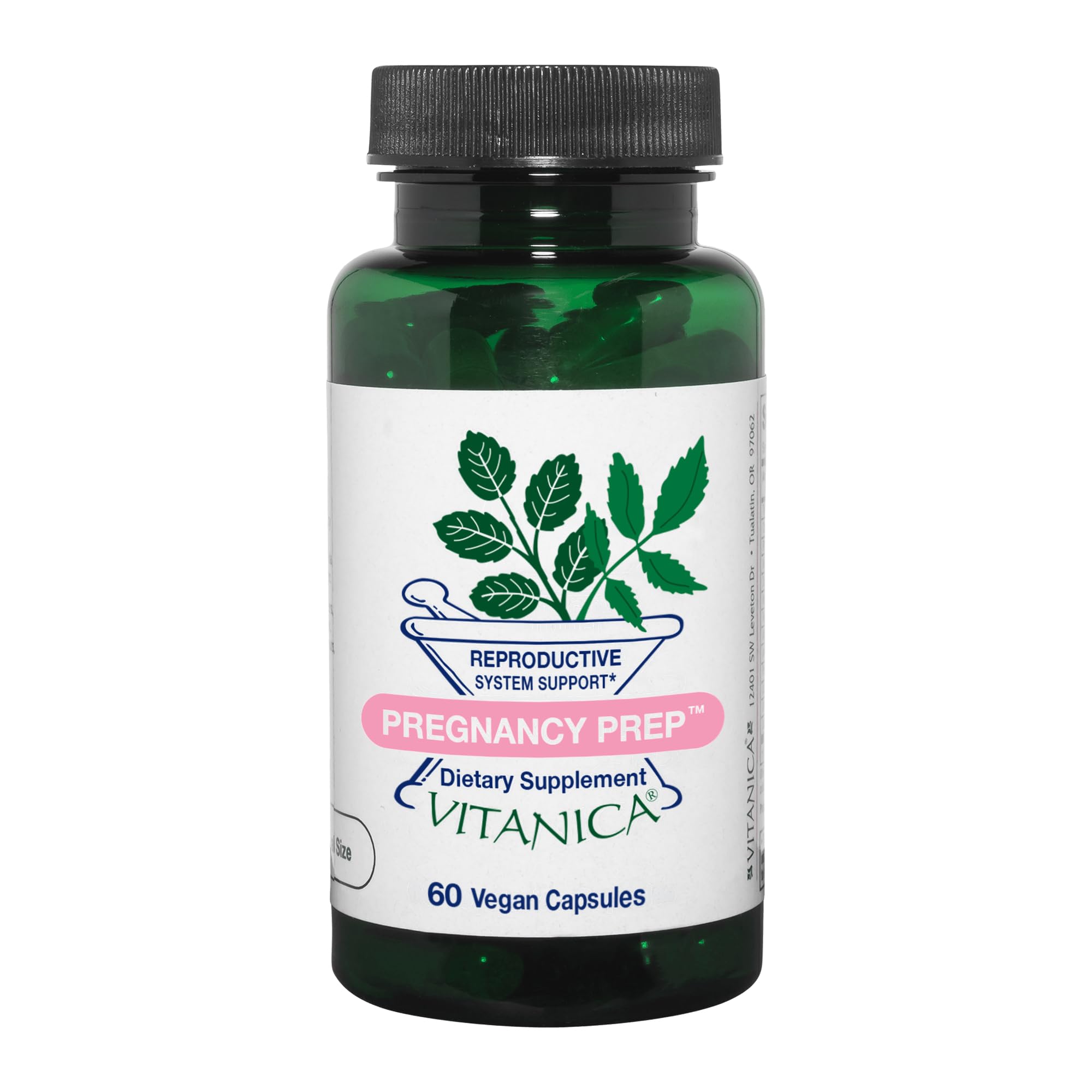 Vitanica Pregnancy Prep bottle front with vegan capsules for reproductive support.