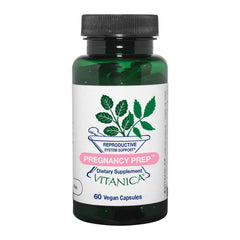 Vitanica Pregnancy Prep bottle front with vegan capsules for reproductive support.