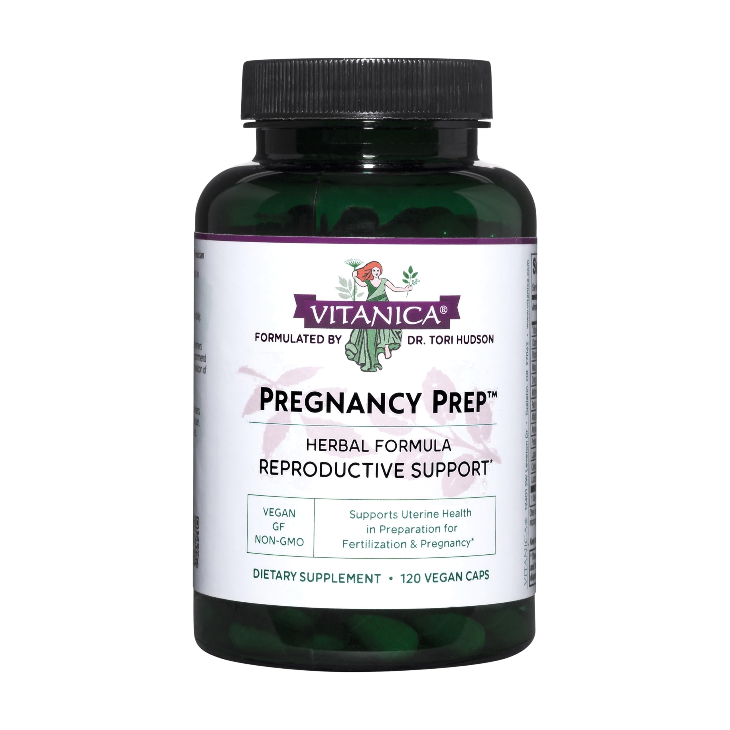 Vitanica Pregnancy Prep bottle on white background for vegan reproductive support.