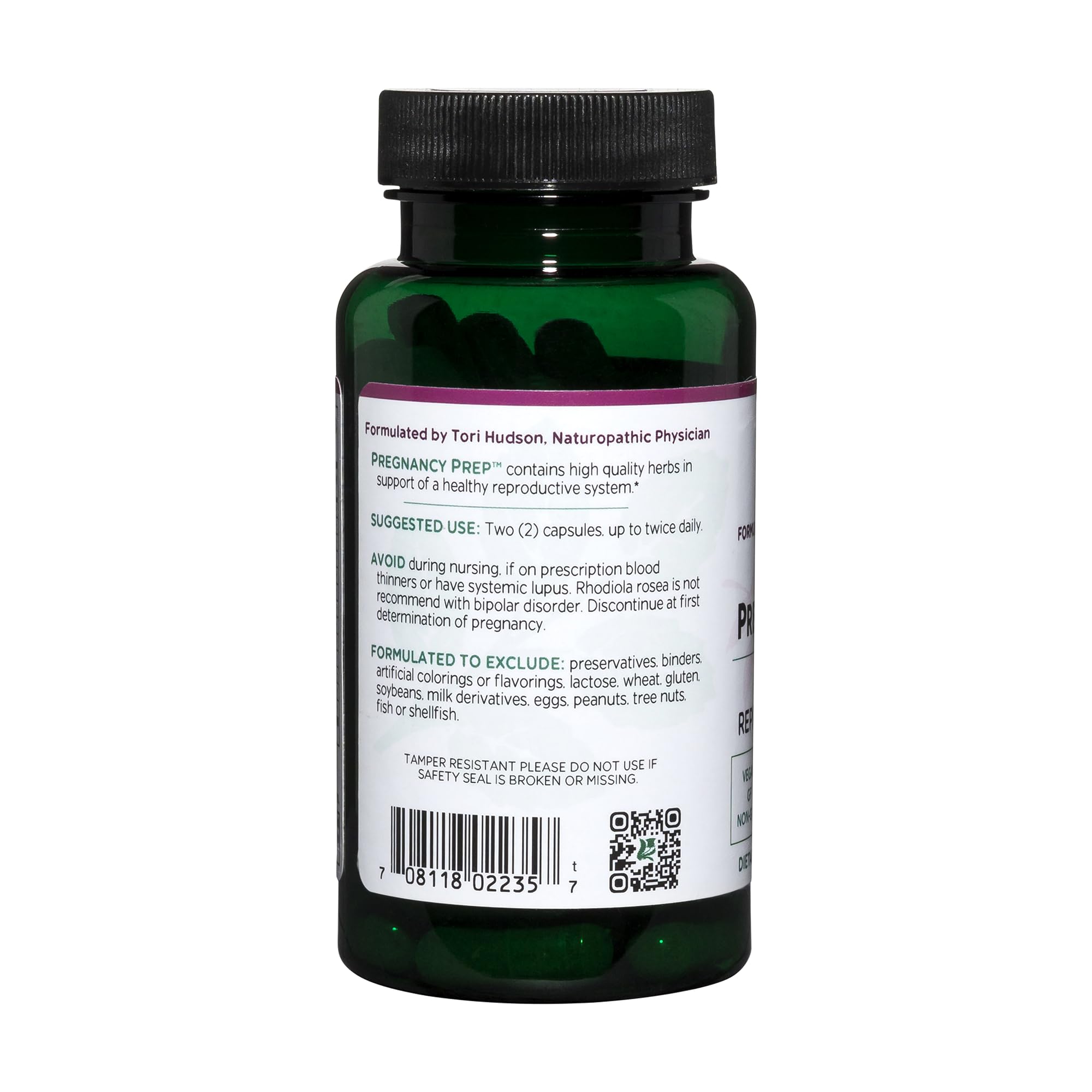 Vitanica Pregnancy Prep label close-up with vegan ingredients.