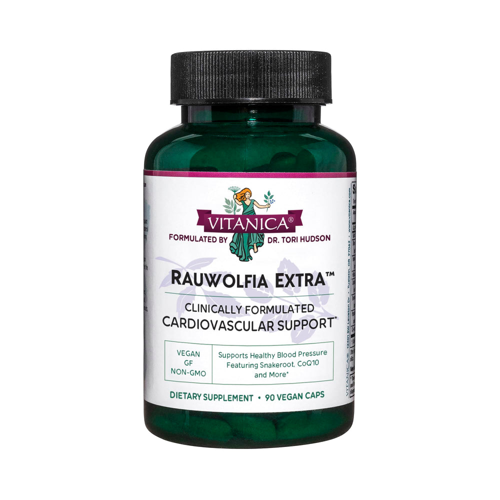 Vitanica Rauwolfia Extra bottle closeup showing capsules for heart health support