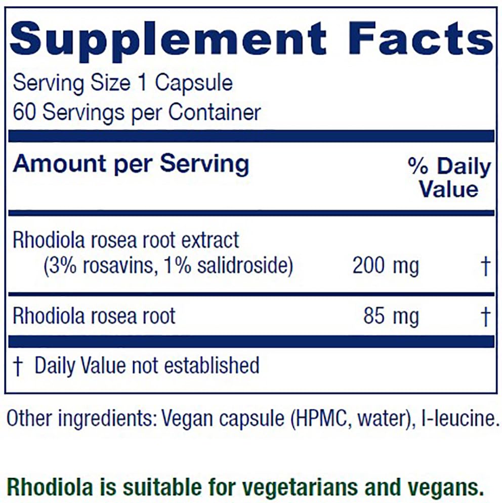 Vitanica Rhodiola Rosea capsules close-up highlighting vegan, Rosavins blend