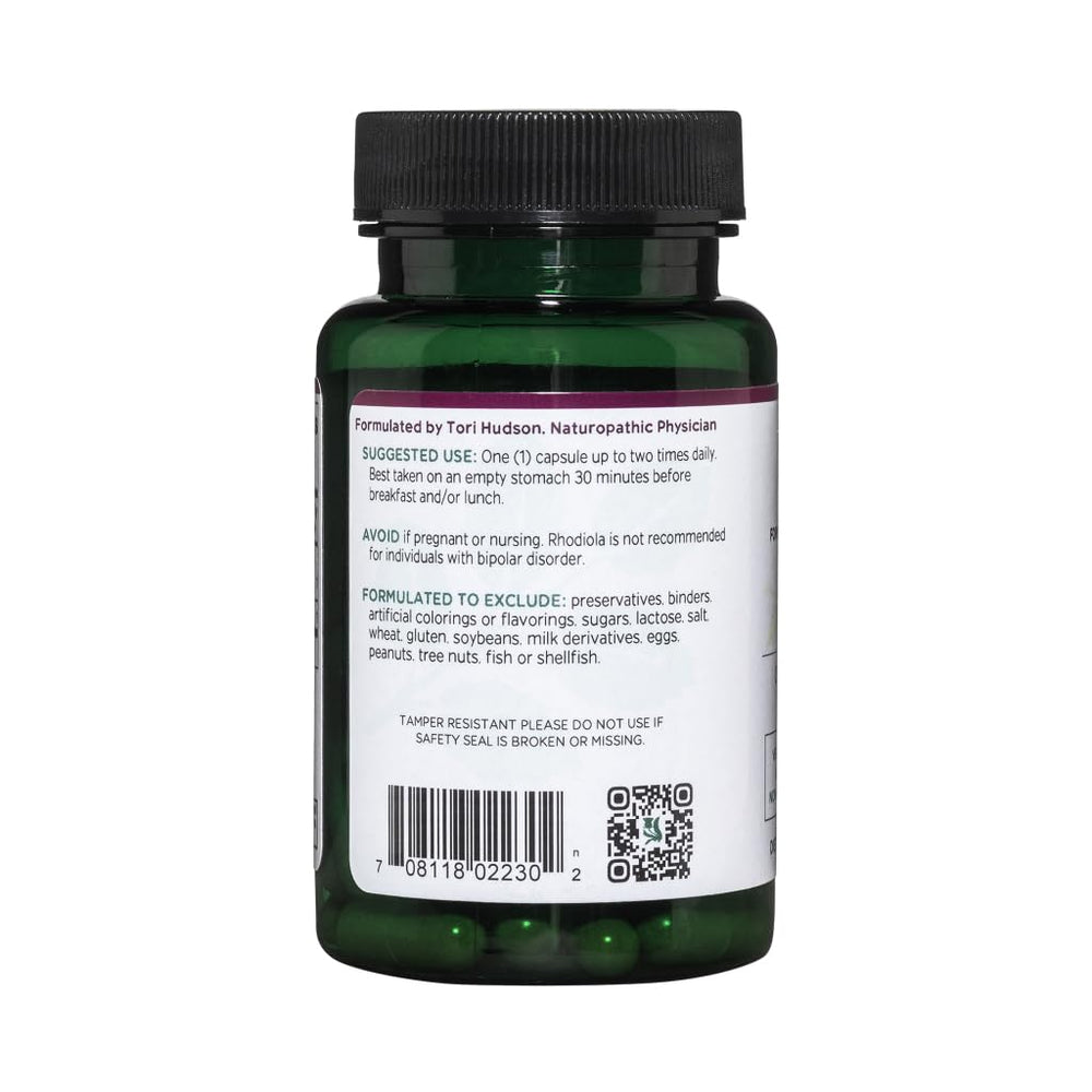 Vitanica Rhodiola Rosea label close-up highlighting rosavins and salidroside.