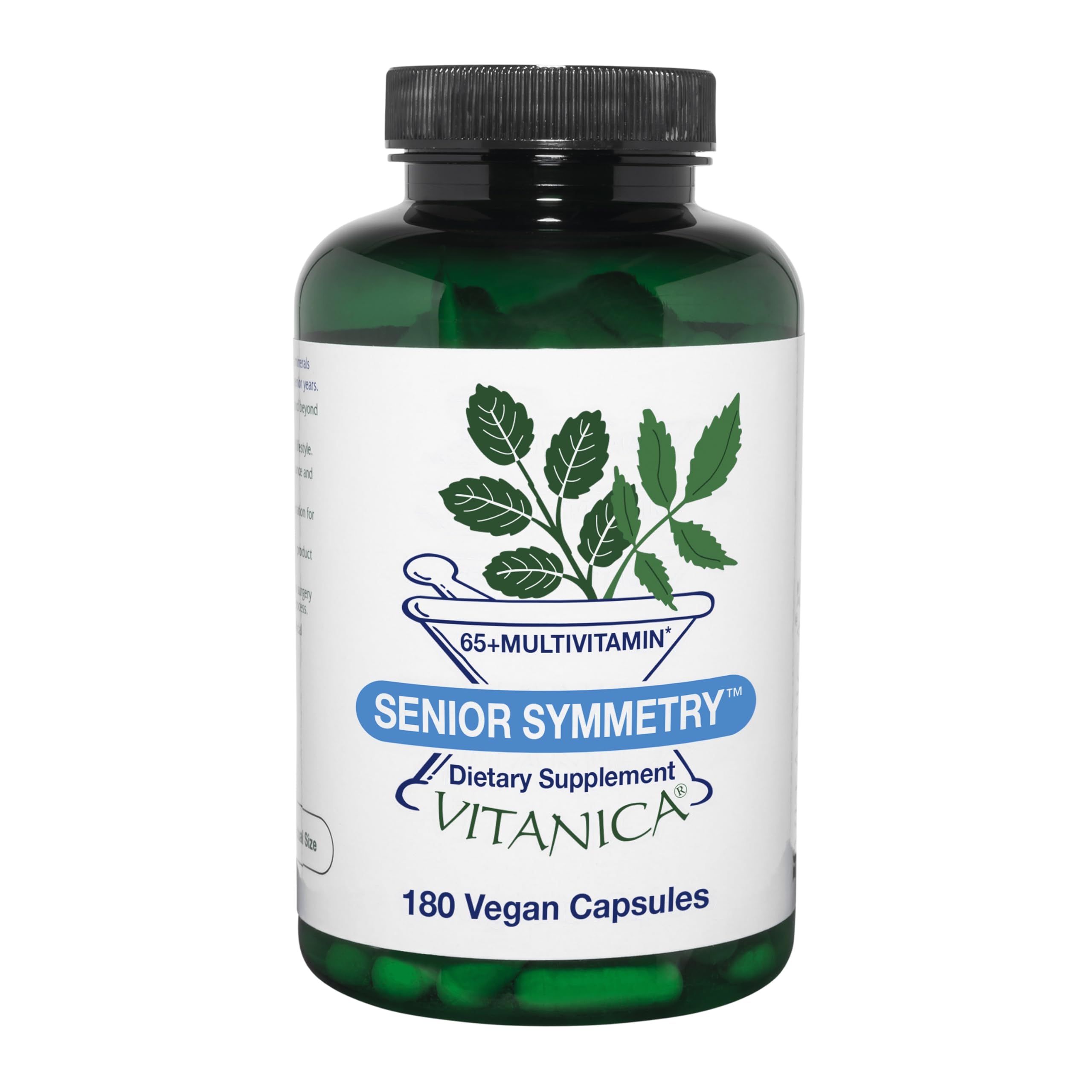 Vitanica Senior Symmetry vegan bottle front supports aging adults' daily nutrition.