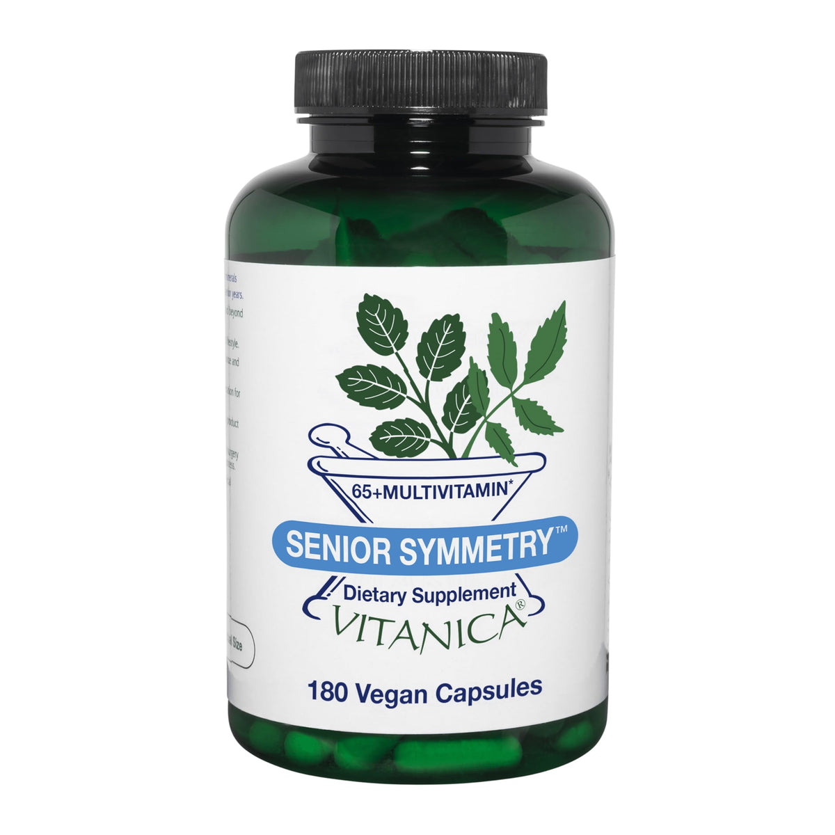 Vitanica Senior Symmetry vegan bottle front supports aging adults' daily nutrition.