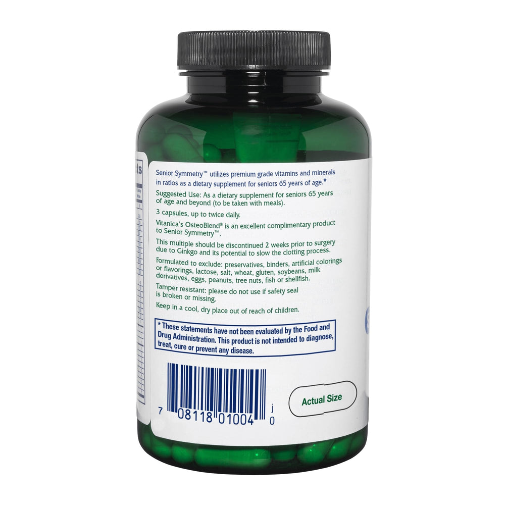 Vitanica Senior Symmetry label details calcium citrate/malate for better calcium absorption.