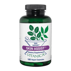 Vitanica Skin Assist bottle front with label signaling skin support for everyday use.
