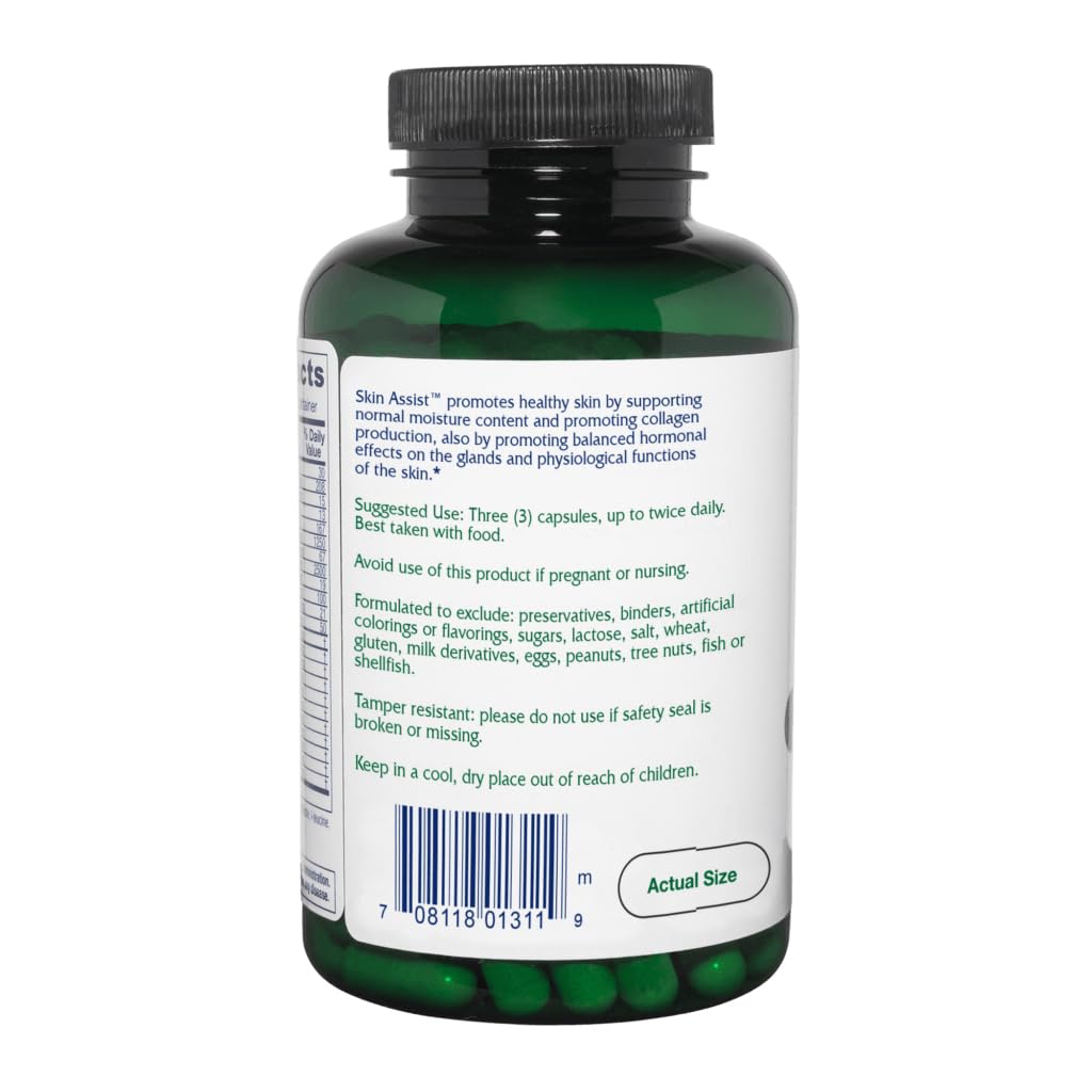 Vitanica Skin Assist capsules closeup highlighting vegan, non-GMO ingredients for skin support.