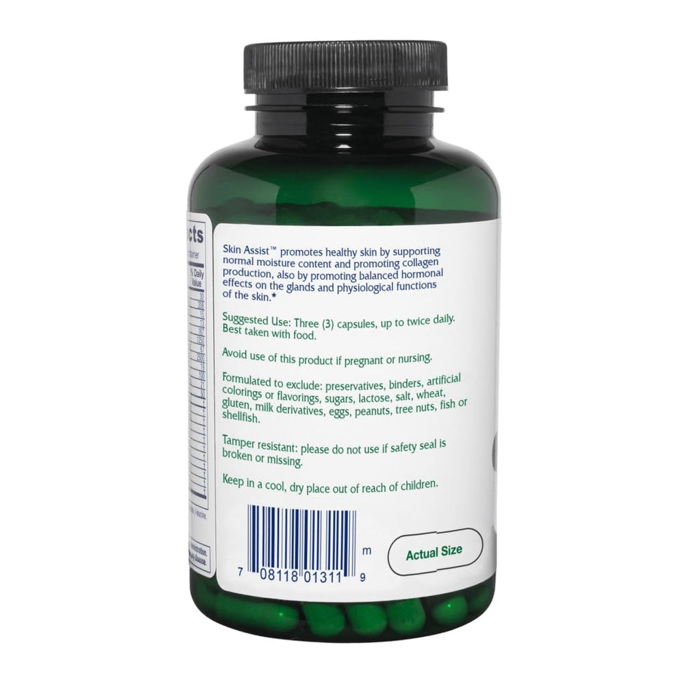 Vitanica Skin Assist capsules closeup highlighting vegan, non-GMO ingredients for skin support.