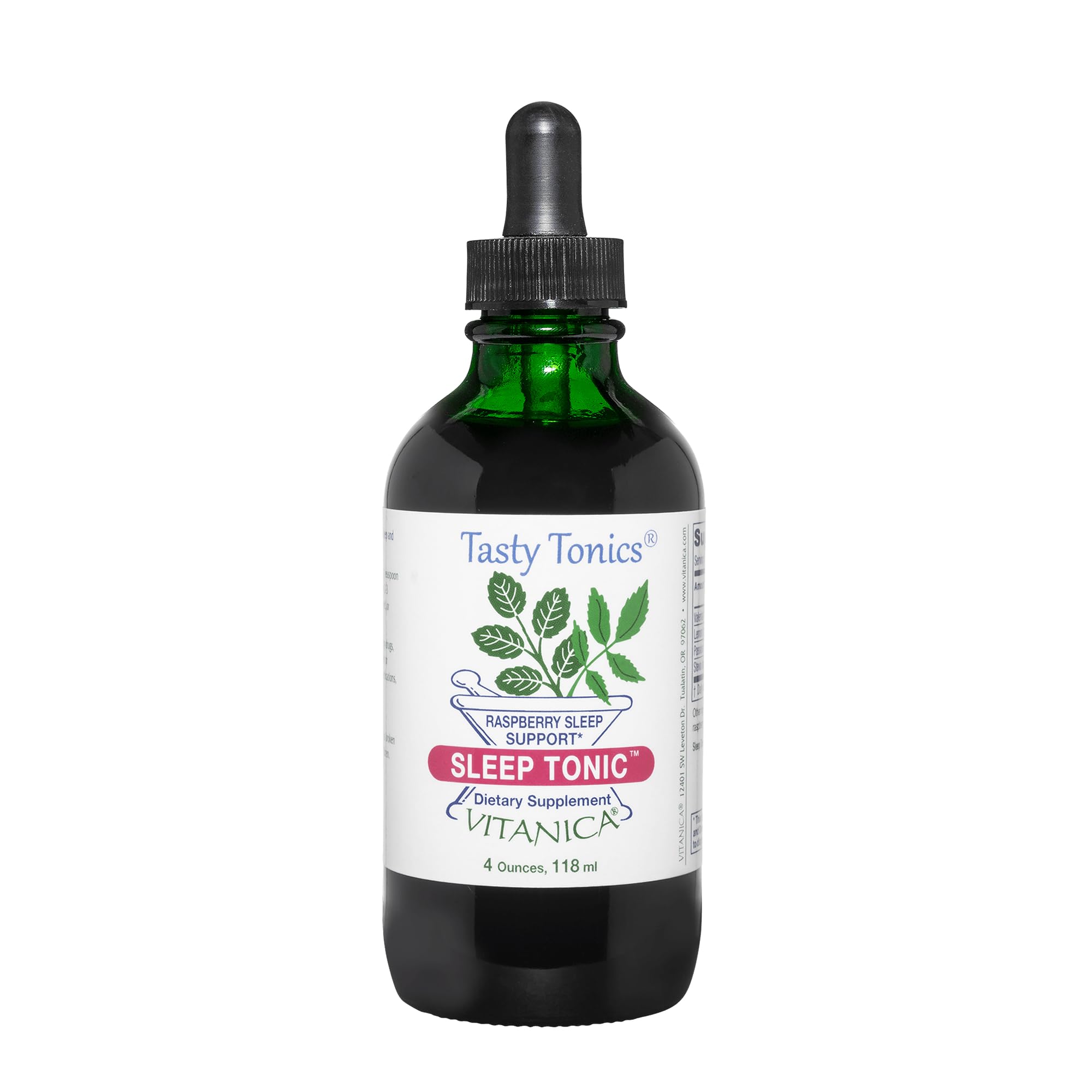 Vitanica Sleep Tonic bottle close-up showing calming herbal blend.