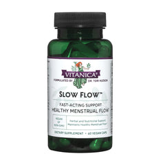 Vitanica Slow Flow bottle front showing menstrual support packaging.