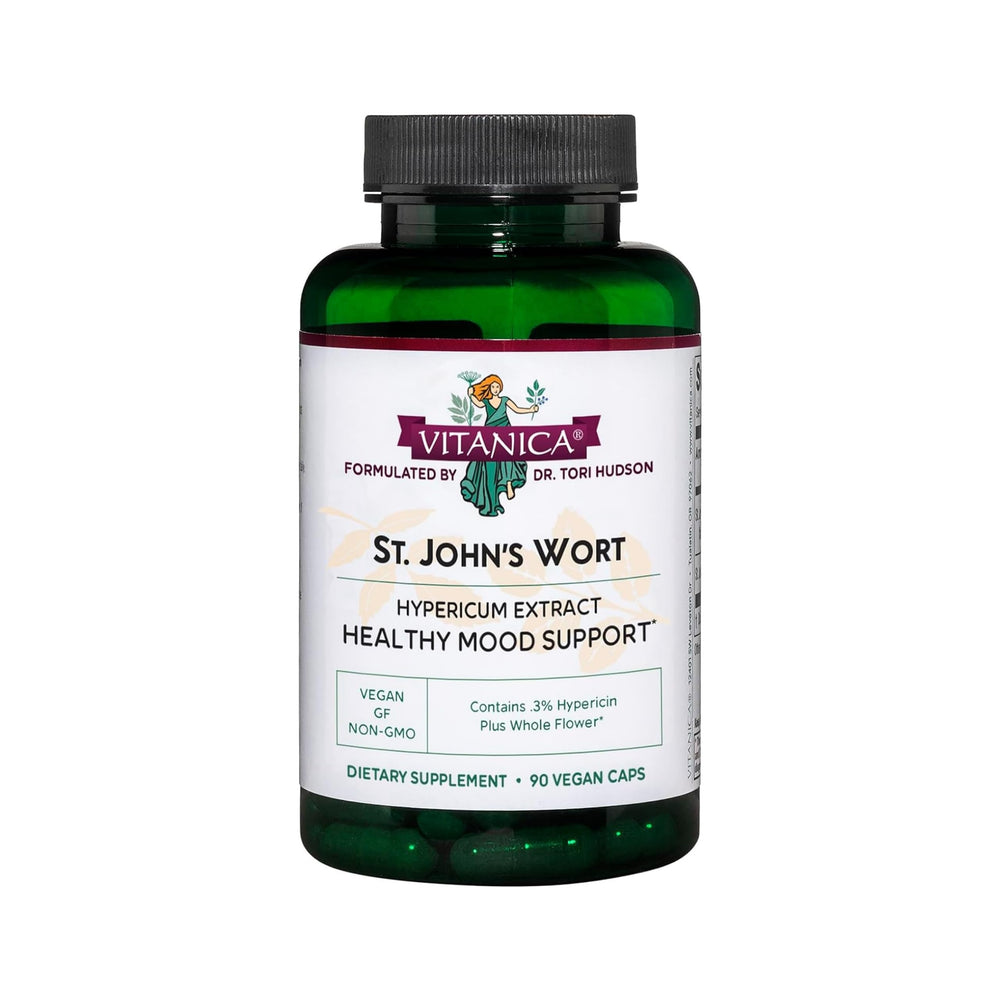 Vitanica St. John's Wort capsules bottle front showing vegan, non-GMO mood support.