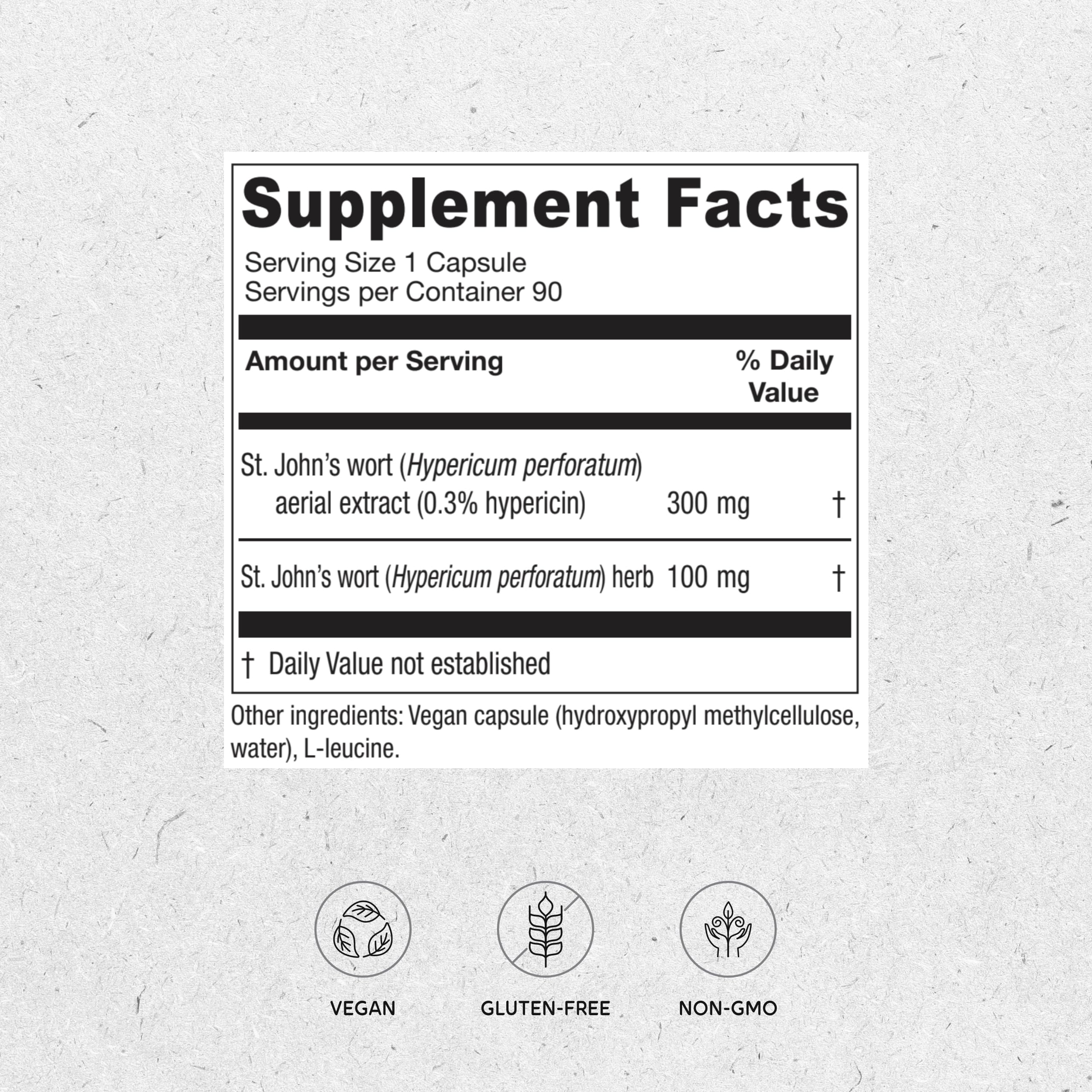 Vitanica St. John's Wort capsules bottle label highlights 0.3% hypericin potency.