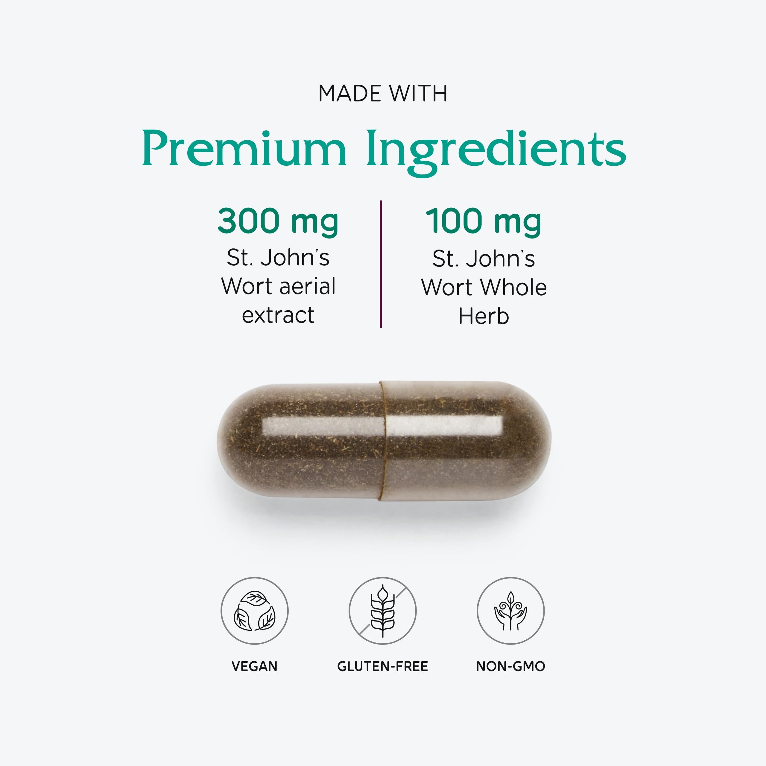 Vitanica St. John's Wort capsules bottle side view highlighting USA-made GMP quality for daily mood support.