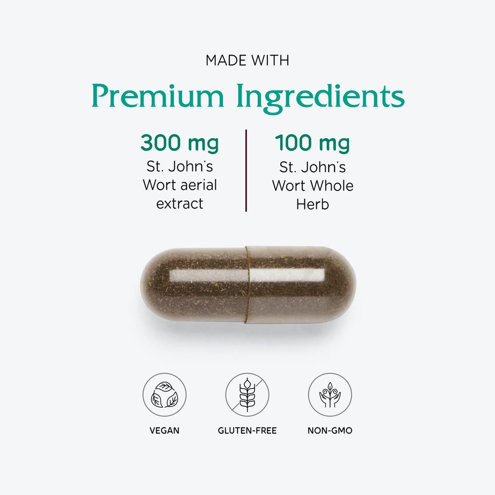 Vitanica St. John's Wort capsules bottle side view highlighting USA-made GMP quality for daily mood support.