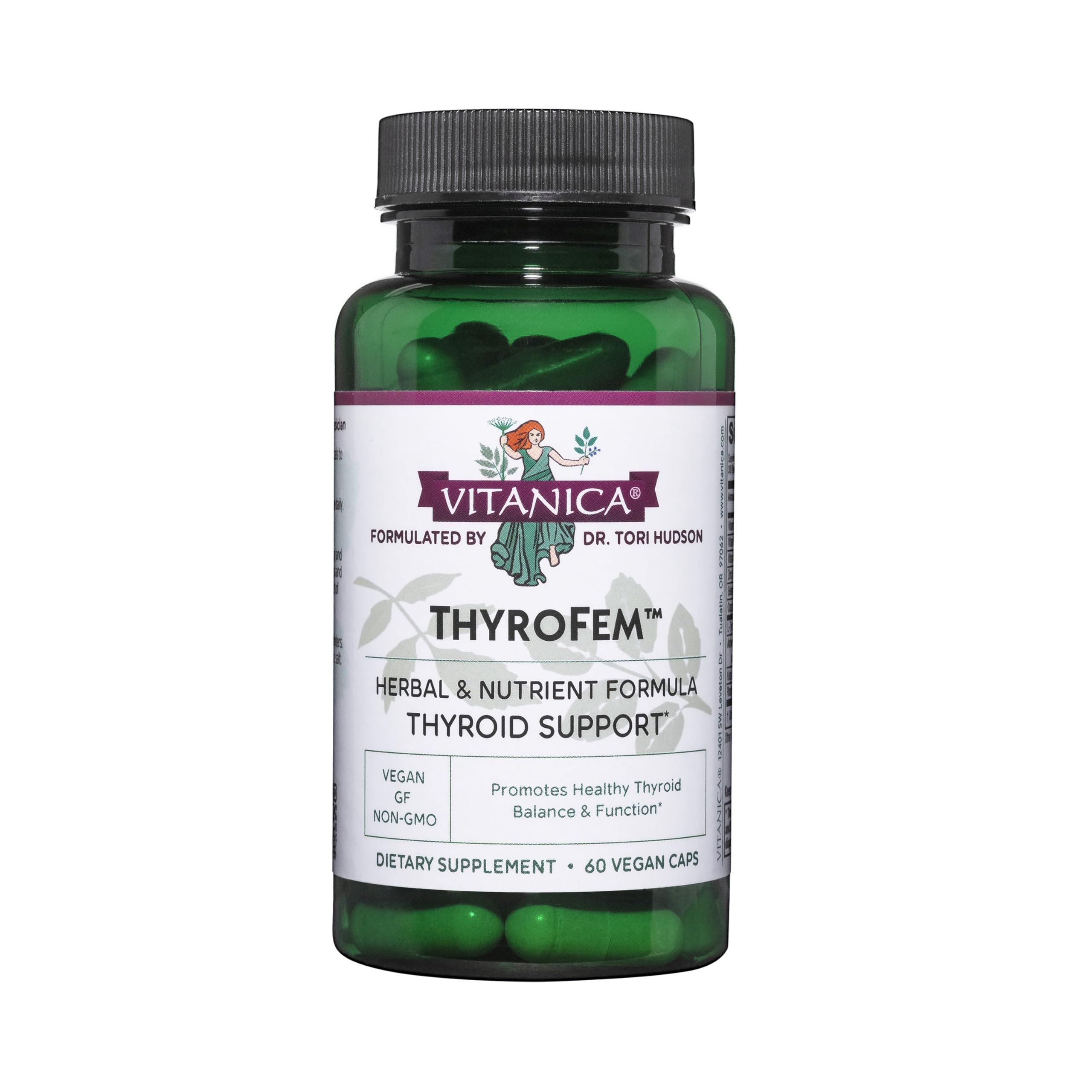 Vitanica ThyroFem bottle front showing vegan thyroid support for daily wellness