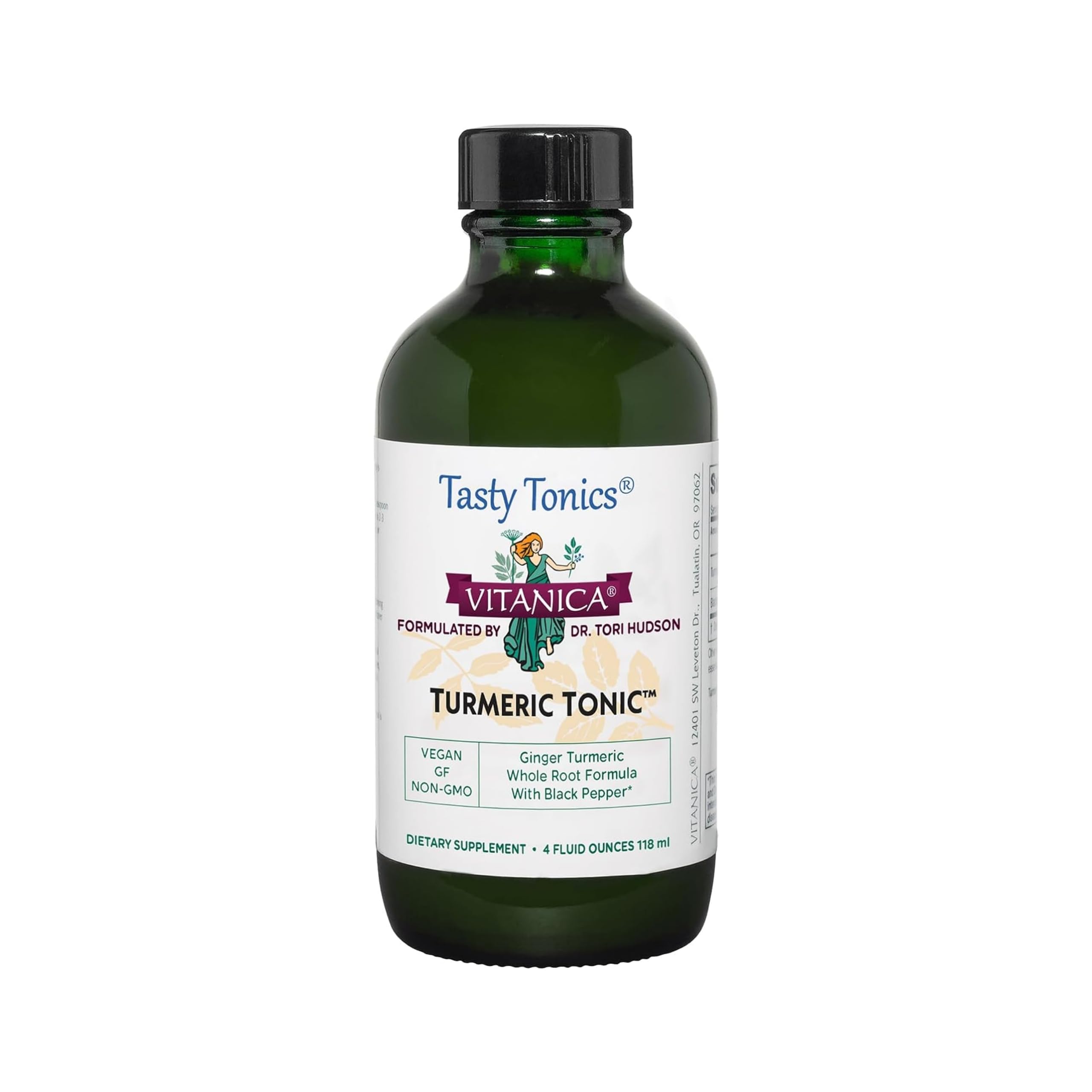 Vitanica Turmeric Tonic bottle with amber liquid for daily antioxidant support.
