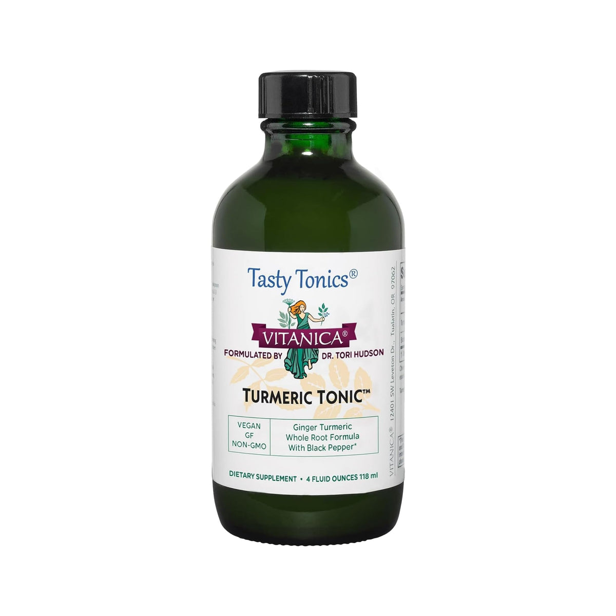 Vitanica Turmeric Tonic bottle with amber liquid for daily antioxidant support.