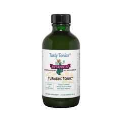 Vitanica Turmeric Tonic bottle with amber liquid for daily antioxidant support.