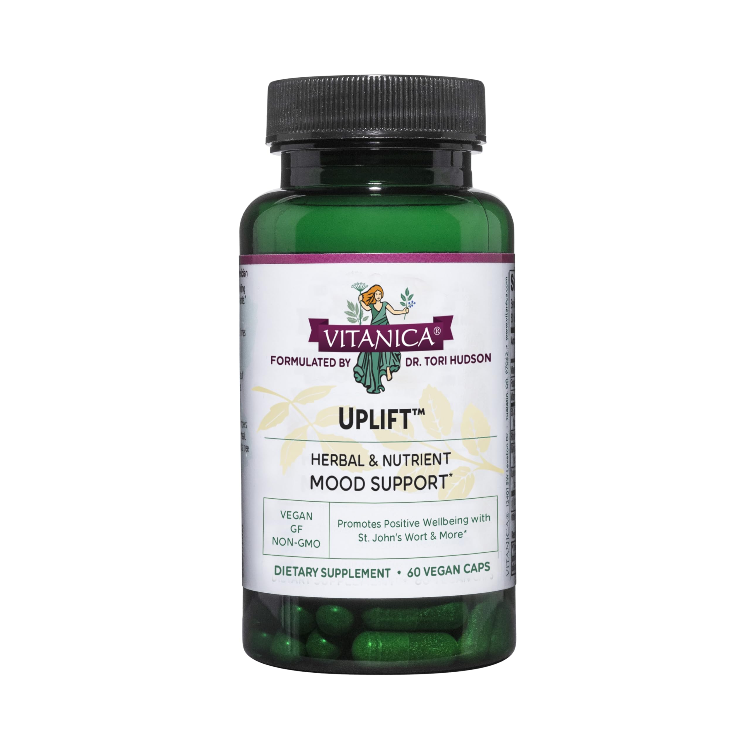 Vitanica Uplift bottle front with vegan mood support capsules for daily balance.