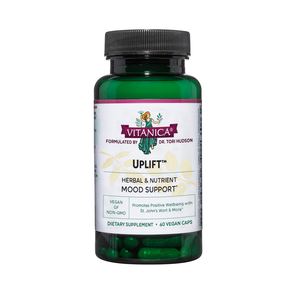 Vitanica Uplift bottle front with vegan mood support capsules for daily balance.
