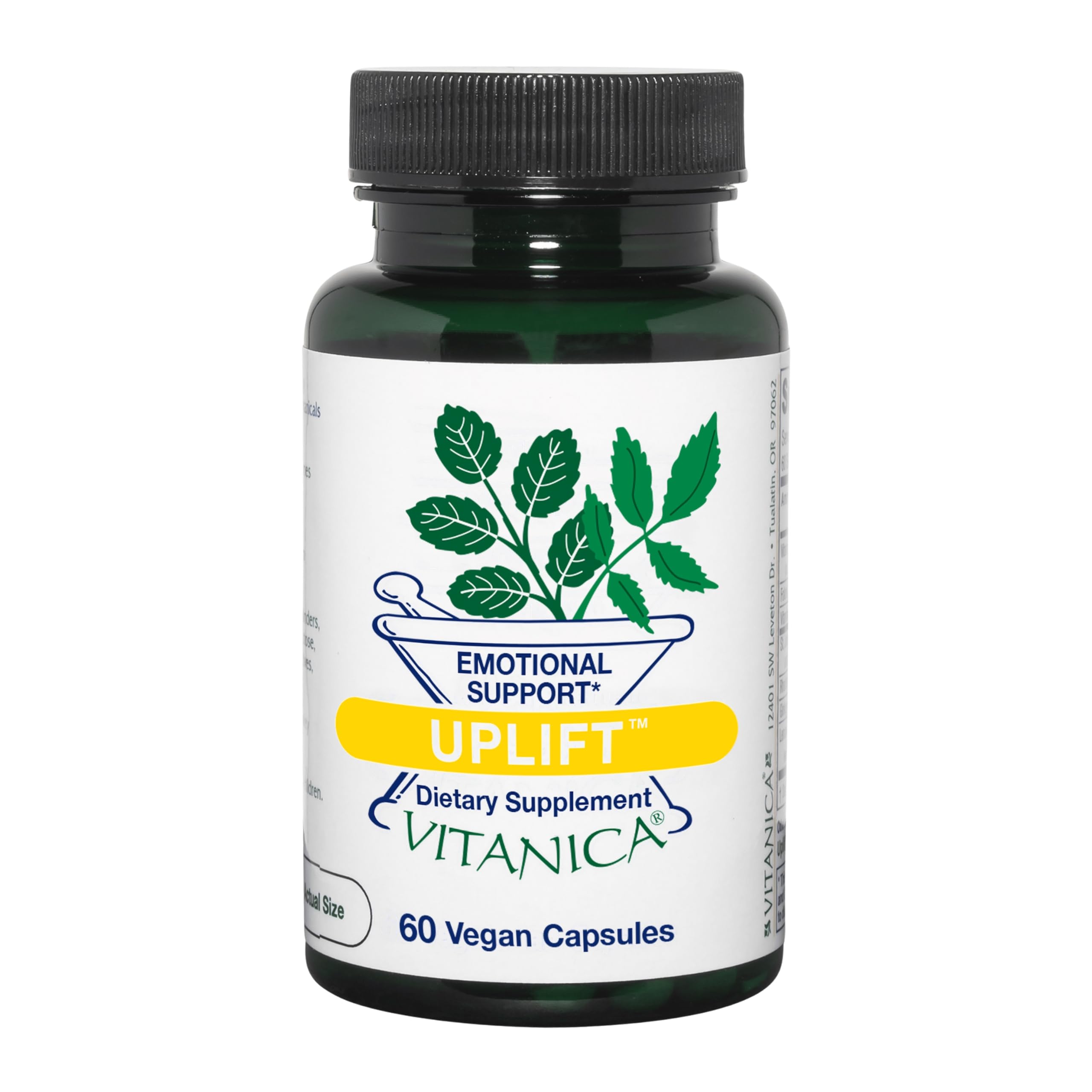 Vitanica Uplift bottle front showing clean branding and mood-supporting supplement.