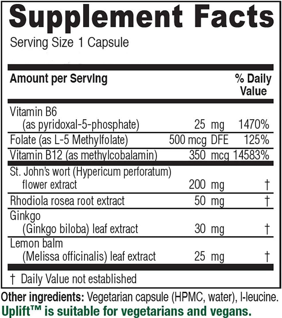 Vitanica Uplift bottle label highlights vegan, non-GMO formula and botanicals.