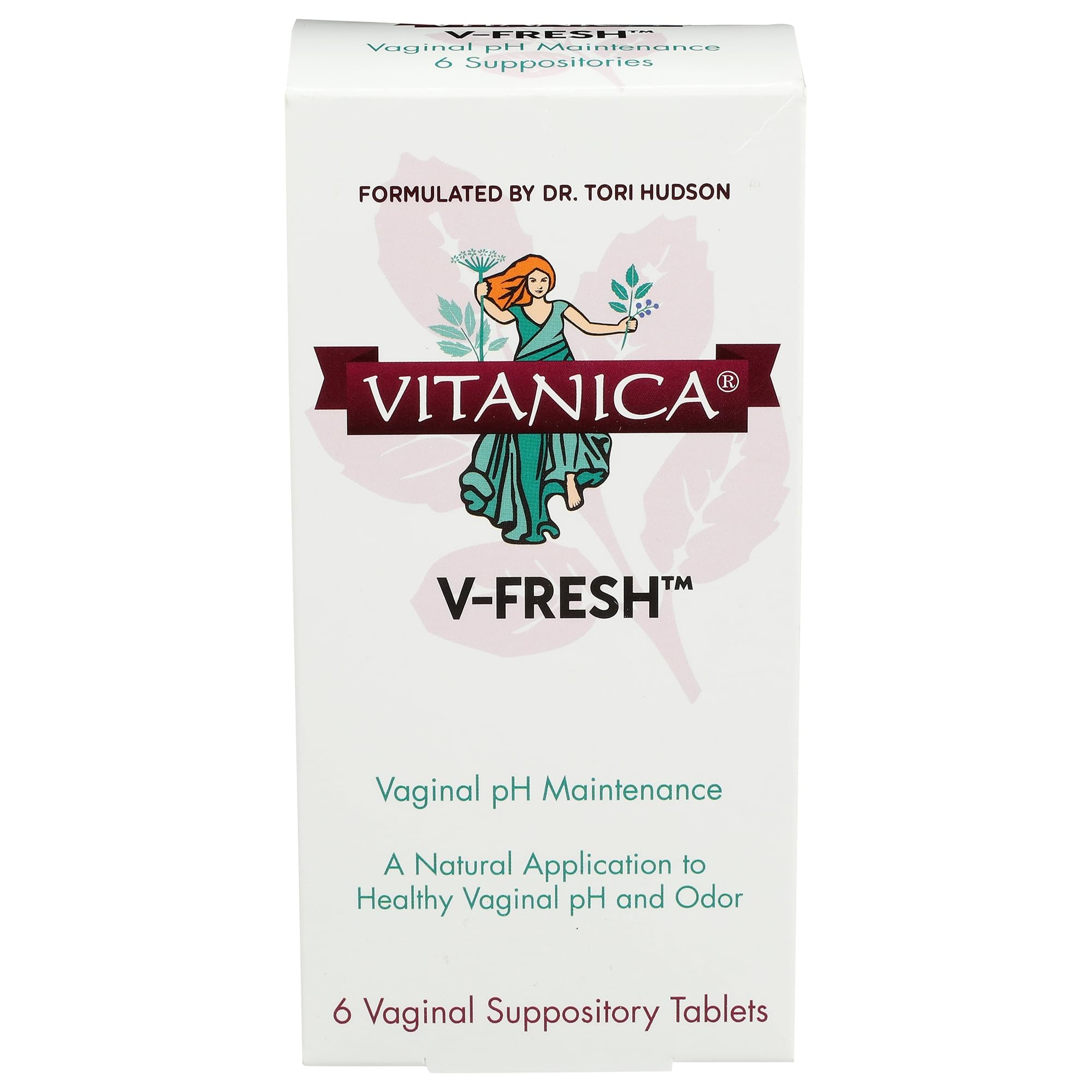 Vitanica V-Fresh packaging with six vaginal pH support suppositories.