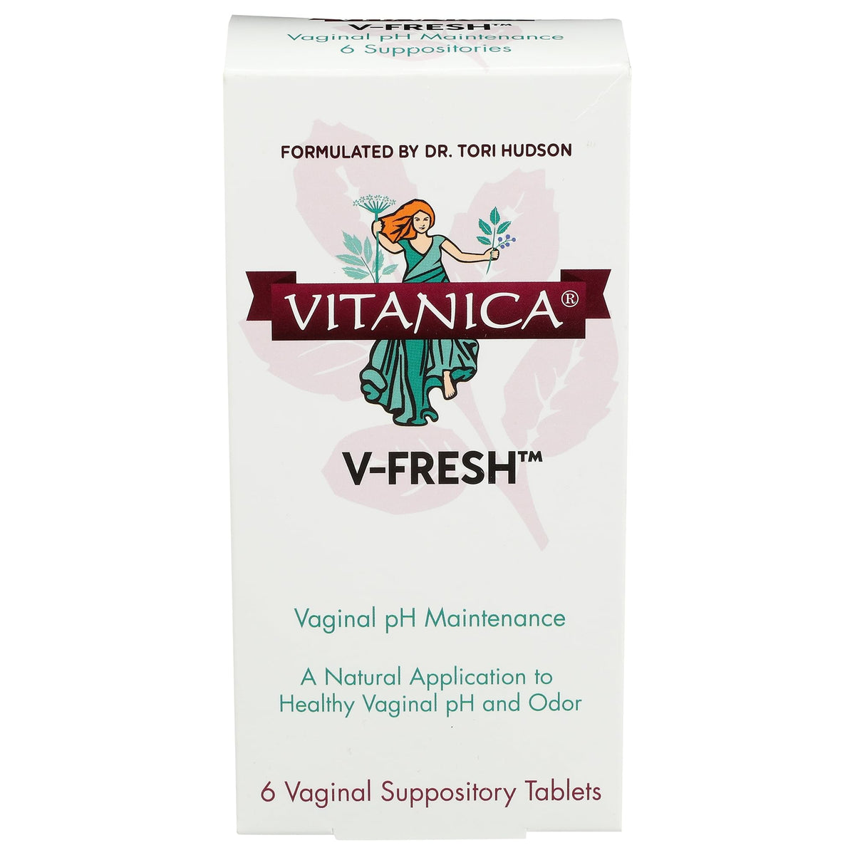 Vitanica V-Fresh packaging with six vaginal pH support suppositories.