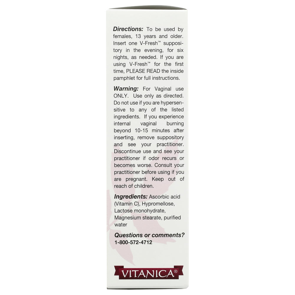 Close-up of Vitanica V-Fresh suppositories designed for gentle pH support.