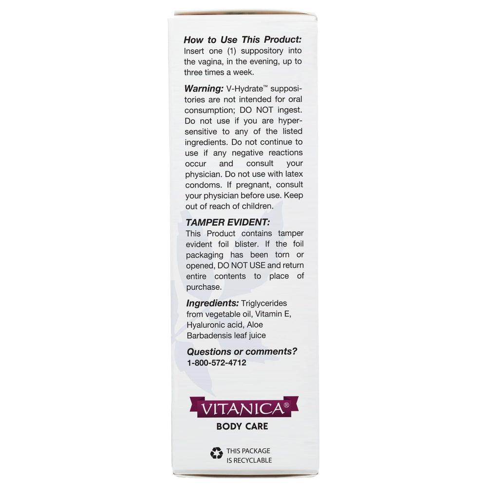 Vitanica V-Hydrate suppositories in use demonstrate hyaluronic hydration for tissues.